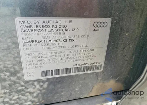 2016 Audi Q5 Premium Plus z USA, uszkodzony, nr VIN WA1L2AFP6GA083384